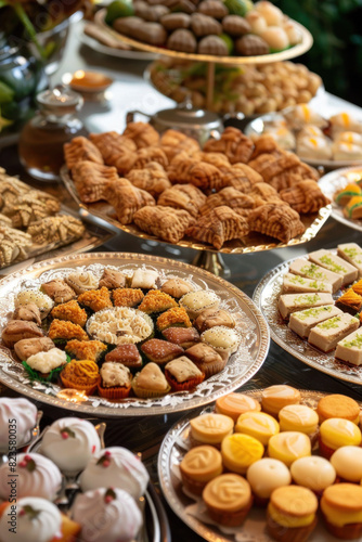 Traditional Eid Desserts Close-Up., Eid feast, Islamic celebration, Family feast.