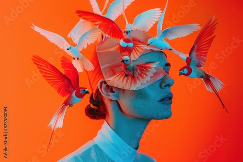 Woman with Birds Perched on her Head in Front of Orange Background with Flying Birds Around Her A Playful and Whimsical Portrait