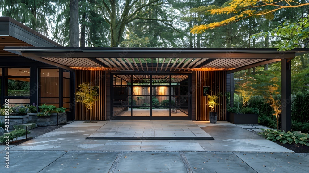 Fototapeta premium Modern carport with wooden slats and glass panels, in front of the house, with a concrete floor and trees around it. 