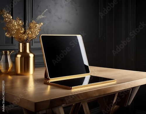 Goldenes Tablet mit schwarzen Hintergrund auf einem Holztisch photo