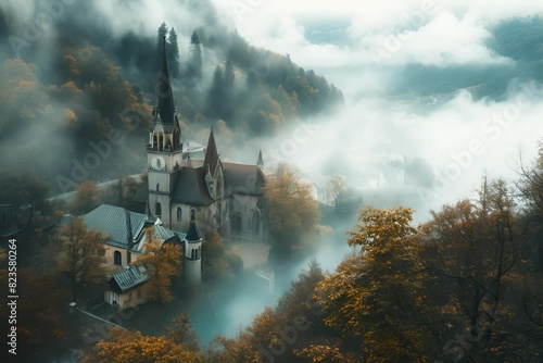 Aerial view of Breganze Cathedral surrounded by misty forest, in autumn style, clouds and mist, fantasy landscape. High quality
 photo