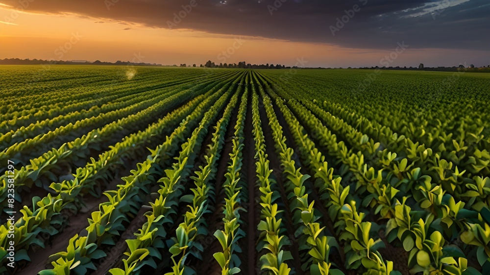 Huge agricultural area at dusk, with rows of vivid green soybean crops visible beneath a big sky