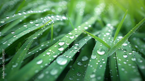 Water drops on green grass in the morning. Close up nature background