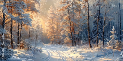 Sunset in the winter forest. Horizontal banner