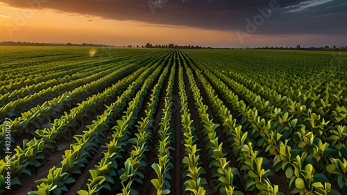 Huge agricultural area at dusk  with rows of vivid green soybean crops visible beneath a big sky