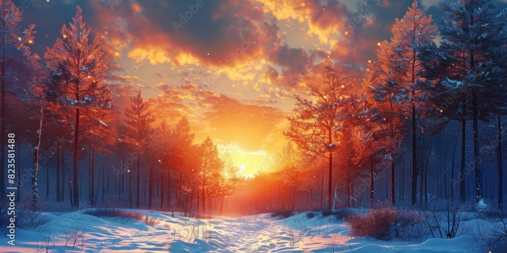 Fototapeta premium Winter snowy frosty forest at sunset