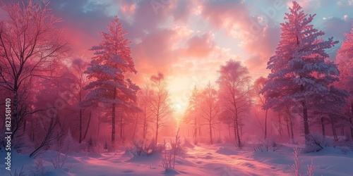 winter landscape with purple forest at sunset