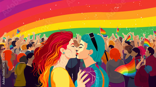 Love in Every Color - Two People Sharing a Kiss with Rainbow and Crowd Background