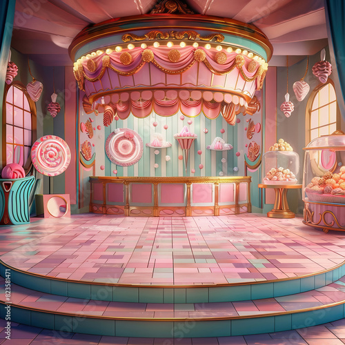 An empty platform as a mockup with a candy store and sweets in the background