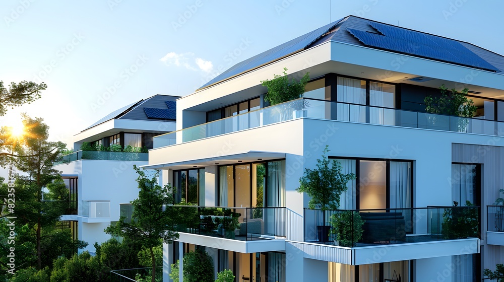 Modern house with solar panels on the roof, high angle view, white building with large windows and balcony, clear blue sky in background.
Modern house with solar panels on the roof, high angle view, white building with large windows and balcony, clear blue sky in background.