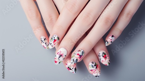 Nail art design depicting flowers on a woman s hand