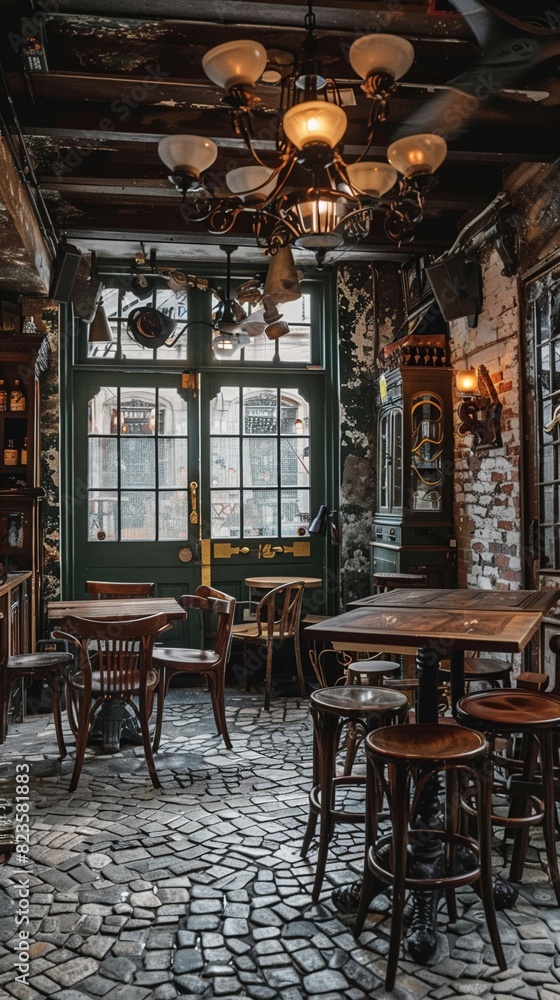 Charming old-fashioned tavern with a cobblestone floor, wooden tables, and a vintage chandelier, offering a historic aesthetic