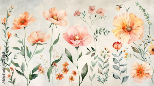 A beautiful watercolor painting of orange and pink flowers with green leaves on a beige background.