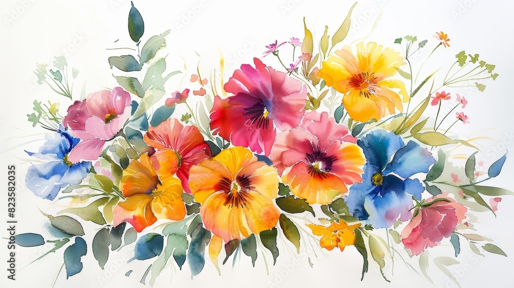 A beautiful watercolor painting of a bouquet of colorful hibiscus flowers.