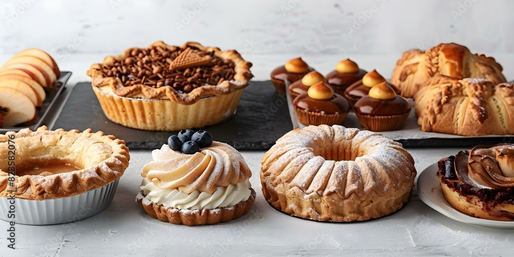 Various bakery desserts on a white background: apple pie, cookies, cream puffs, and cake. Concept Bakery Desserts, White Background, Apple Pie, Cookies, Cream Puffs, Cake Various bakery desserts on a white background: apple pie, cookies, cream puffs, and cake. Concept Bakery Desserts, White Background, Apple Pie, Cookies, Cream Puffs, Cake