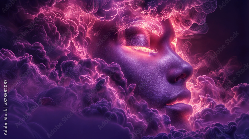 Surreal Portrait of a Woman Face Surrounded by Vibrant Clouds. Fantasy and Dreamlike Scene. Concept of Imagination and Creativity. Design for Book Cover, Art Print, and Digital Art.