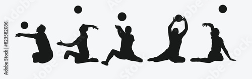 Silhouettes illustration of Sitting volleyball player. Disabled athletes with different action, pose. Isolated on white background. Graphic vector.