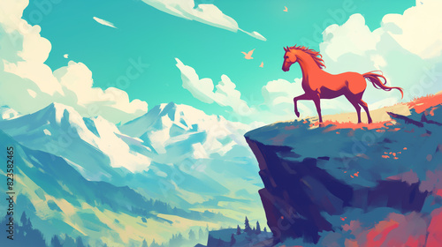 Ilustração de cavalo vermelho no topo de uma montanha photo