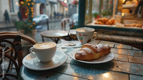 A cup of coffee and a croissant on a table in a cafe.