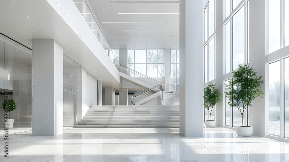 Obraz premium Modern office building interior with staircase and glass windows, white walls, gray floor tiles, and high ceilings. In the center of the picture is an open space for business activities. 