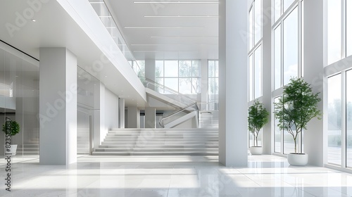Modern office building interior with staircase and glass windows, white walls, gray floor tiles, and high ceilings. In the center of the picture is an open space for business activities. 