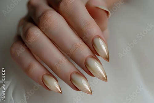Beautiful Bride Hands With Long Almond Shaped Nails Painted With White Nail Polish With Glitter Nail Salon