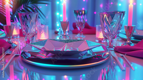 Futuristic dining table display with geometric plates, iridescent glasses, LED candles, and neon pink napkins.