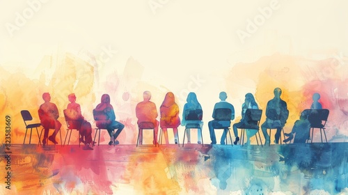 A group of diverse people sitting in a row on chairs. The watercolor painting is in muted colors.