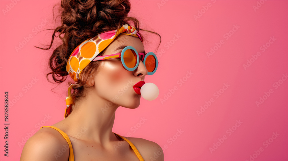 Beauty young woman model, with bright red lips, sunglasses and bubble gum on pink background. Fashion photo shooting for advertising decorative cosmetics. Copy space for text, banner. Generative AI Beauty young woman model, with bright red lips, sunglasses and bubble gum on pink background. Fashion photo shooting for advertising decorative cosmetics. Copy space for text, banner. Generative AI