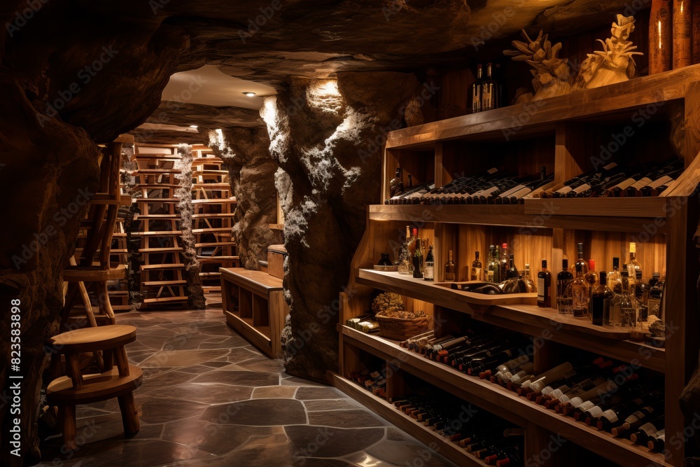 Warm lighting enhances the cozy ambiance of a sophisticated stone wine cellar with wooden shelves Warm lighting enhances the cozy ambiance of a sophisticated stone wine cellar with wooden shelves