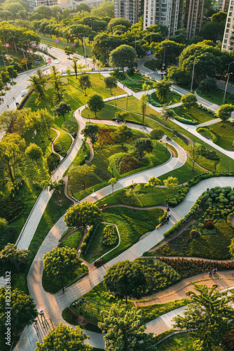 Aerial view of an urban park, focusing on the clean lines and geometric shapes of the pathways and green spaces. Emphasize the contrast between the natural elements and the surrounding cityscape. 