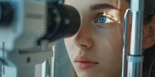 The young lady had his eyes assessed with trendy ophthalmic apparatus for eye tests and health information in in-depth care and space, Generative AI. photo