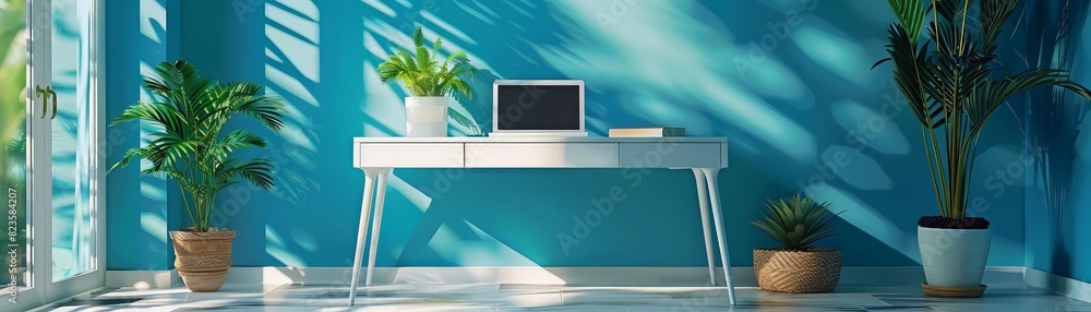 Modern home study space for kids with vibrant blue walls and a compact white desk with a laptop Modern home study space for kids with vibrant blue walls and a compact white desk with a laptop