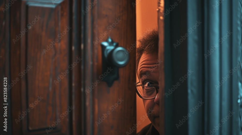 An older man with glasses looks through a narrow door crack, expressing curiosity and cautiousness in a dimly lit setting.