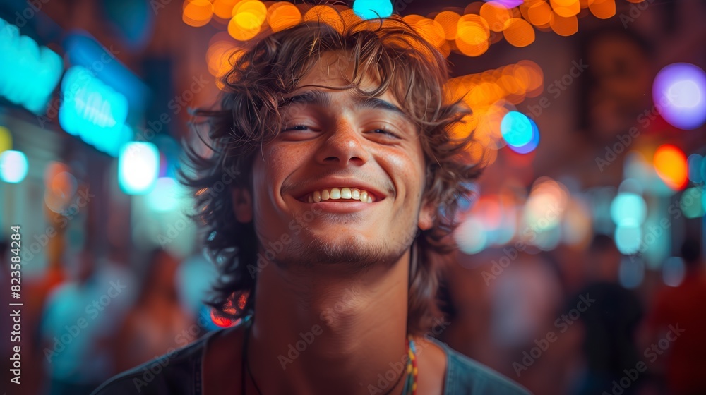 Smiling Young Man in Vibrant Night City Lights - ai generative Smiling Young Man in Vibrant Night City Lights - ai generative