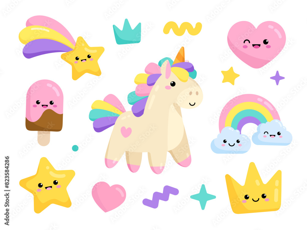 Pony Unicorn and funny kawaii icons: ice cream, crown, rainbow, heart, falling star etc for pajamas prints and greeting card, birthday party decoration. Soft colors in pastel style