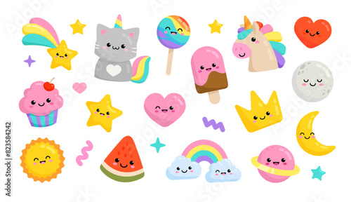 Pastel Pony Unicorn and funny Cat Unicorn with kawaii icons: cupcake, fulling star, rainbow, heart, happy planet etc for pajamas prints and greeting card, birthday party
