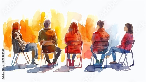A watercolor painting of five people sitting in chairs in a circle.