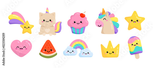 Pastel Pony Unicorn and funny Cat Unicorn with kawaii emoticons: cupcake, fulling star, rainbow, heart, happy crown icons set in soft colors for pajamas prints and greeting card, birthday party