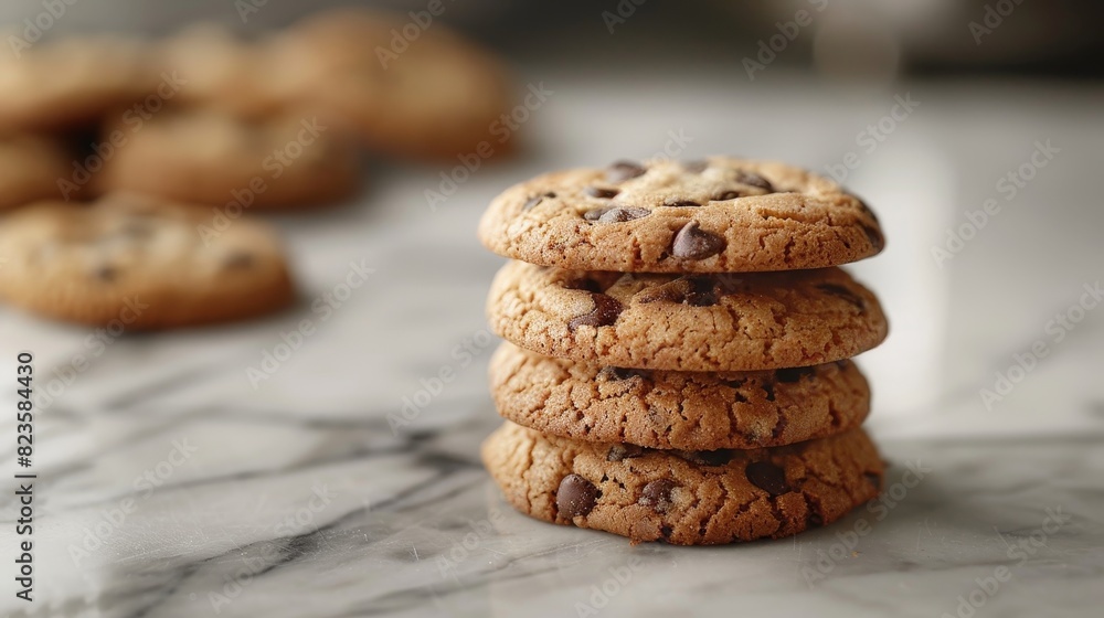 Close-up shot of a stack of chocolate chip cookies, crisp edges, on a smooth marble countertop, ambient lighting Close-up shot of a stack of chocolate chip cookies, crisp edges, on a smooth marble countertop, ambient lighting