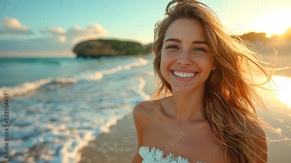 Smiling Woman Enjoying Sunset on the Beach - ai generative Smiling Woman Enjoying Sunset on the Beach - ai generative