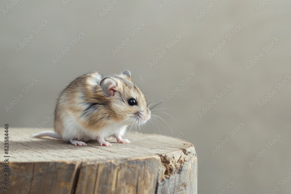 Cute Hamster Sitting on Wooden Surface. A cute hamster sitting on a wooden surface with a plain background with copy space.