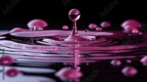 round drops of pink oil levitate on a black background, high quality