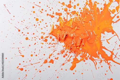 A chaotic splatter of neon orange acrylic paint, randomly distributed across a solid white background, capturing the spontaneity of a joyous celebration.