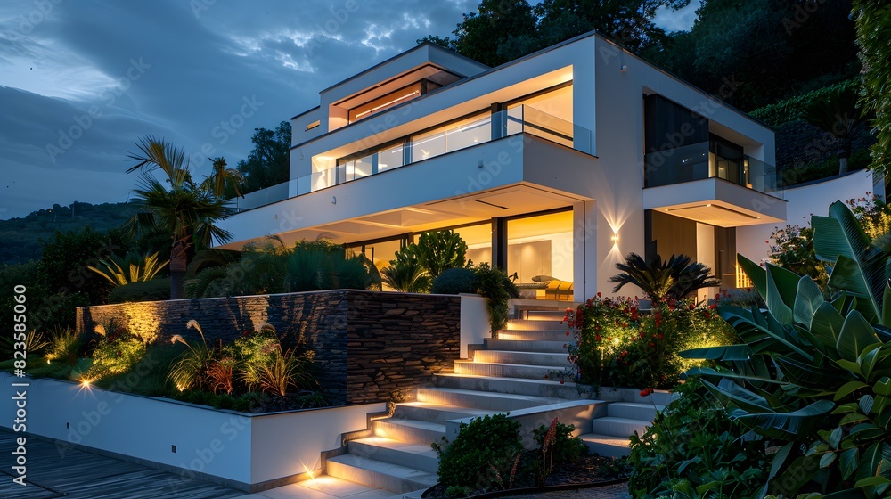 Obraz premium Modern villa with garden and illuminated steps at night, showcasing the lighting effect of LED lights on plants in flower beds around the house. 
