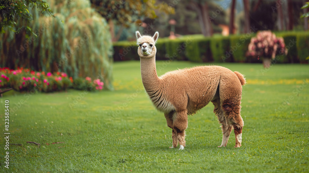 Obraz premium Cute alpaca on the green lawn. Copy space. 