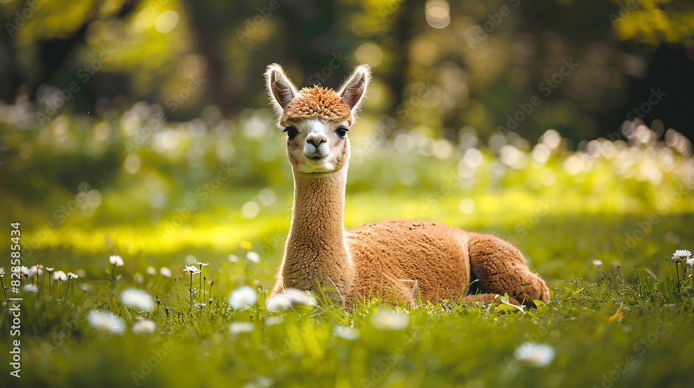 Cute alpaca on the green lawn. Copy space. Cute alpaca on the green lawn. Copy space.