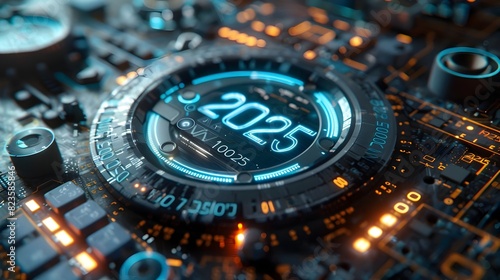 Futuristic Holographic Projection Displaying the Number 2025 in a Mechanical Texture Style