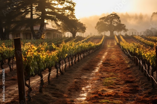 Tranquil morning landscape: serene sunrise over golden hour vineyard rows with misty grapevines