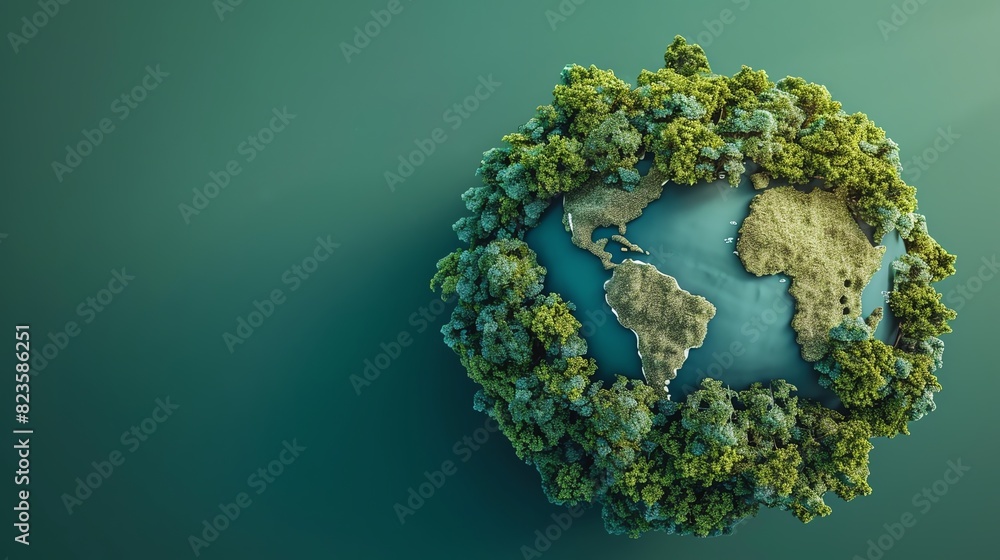 Fototapeta premium Photo of planet Earth covered in lush greenery with a smooth gradient to a dark background.
